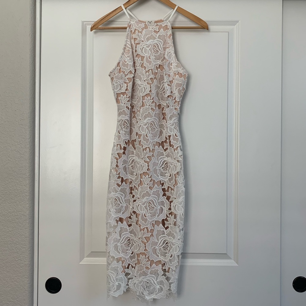 Morning Lavender White Lace Bodycon Midi Dress